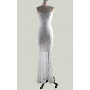 Sheerness Mermaid Party Dress Sexy Floor Length Strapless Elegant Lace Dress Women Vintage Slim White Bride Dresses